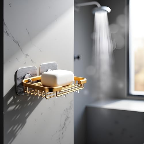 2Pcs Gold Stainless Steel Adhesive Soap Dish,Secure Bar Soap Holder for Shower Wall,Drill Free Soap Holder Storage Rack, Rack Soap Tray Bar for Bathroom and Kitchen Soap Dishes