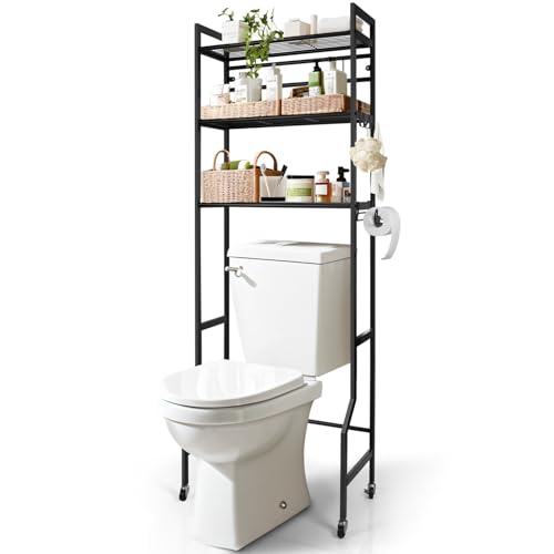 IIQ 3-Tier Metal Bathroom Organizer Shelf, Over The Toilet Storage,Freestanding Above Toilet Rack with Universal Wheels Toilet Paper 2 Holder Hooks,Simple Morden
