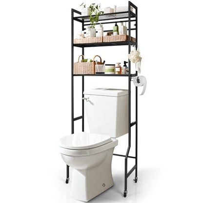 IIQ 3-Tier Metal Bathroom Organizer Shelf, Over The Toilet Storage,Freestanding Above Toilet Rack with Universal Wheels Toilet Paper 2 Holder Hooks,Simple Morden