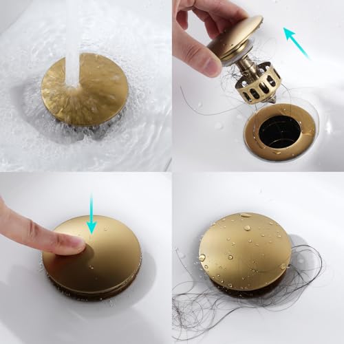 KAIYING Pop Up Drain Without Overflow, Bathroom Vessel Sink Drain | NO Overflow, Detachable Basket Drain Stopper Assembly, Anti-Clogging & Anti-Explosion Drain Strainer, Brushed Brass - color: Brushed Brass, style: NO Overflow