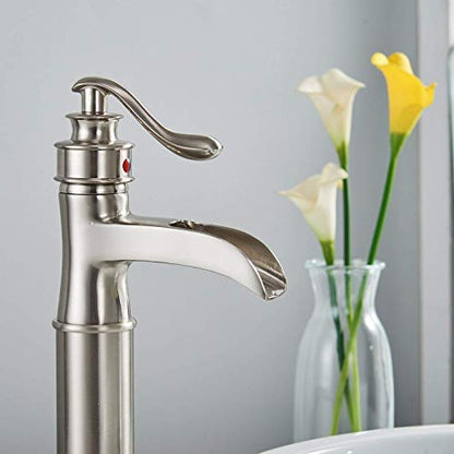 Bathroom Vessel Sink Faucet Waterfall Faucet for Sink 1 Hole | Pop Up Drain None Overflow and Supply Lines Included,Deck Mount,Tall Bowl Sink,Ceramic Cartridge,Solid Brass,Brushed Nickel - color: Brushed Nickel