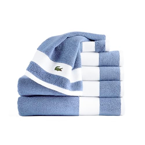Lacoste Sport Stripe 6-Piece Luxury Cotton Towel Set – Made with 100% Soft Supima Cotton, Absorbent & Quick-Drying, Includes 2 Bath Towels, 2 Hand Towels, 2 Washcloths, Sky Blue - color: Sky Blue