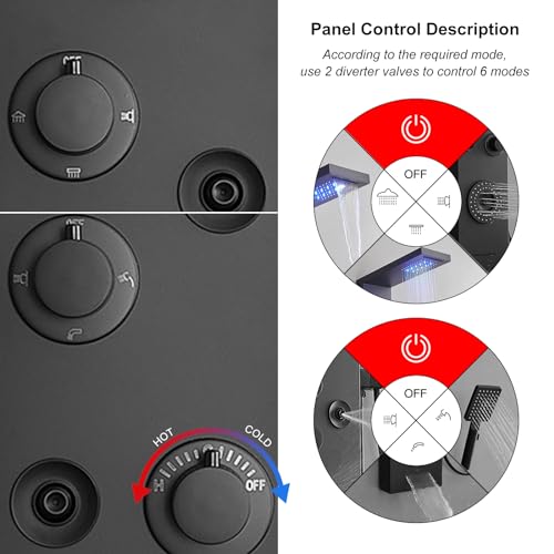 Black Shower Panel Tower System LED Rainfall Waterfall Head | 6 Functions,Rain Massage,Body Jets,Handheld Shower,Tub Spout,Temperature Display,Wall Mount, Stainless Steel Shower Panel - color: Matte Black, style: Shower Panel-LED