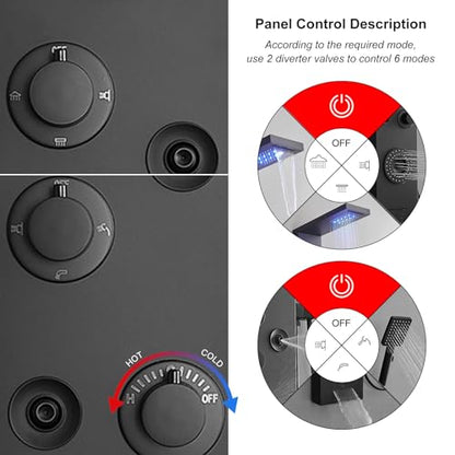 Black Shower Panel Tower System LED Rainfall Waterfall Head | 6 Functions,Rain Massage,Body Jets,Handheld Shower,Tub Spout,Temperature Display,Wall Mount, Stainless Steel Shower Panel - color: Matte Black, style: Shower Panel-LED