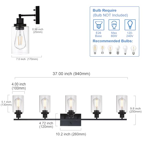 MELUCEE 40 Inches Length 5-Light Bathroom Vanity Light Fixtures Black | Industrial Wall Sconce Lighting with Clear Glass Shade for Living Room Bedroom Hallway Kitchen (Patent No.: US D963914 S) - color: Black, size: 5-Light