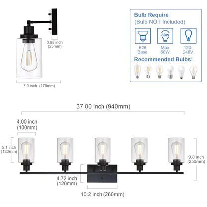 MELUCEE 40 Inches Length 5-Light Bathroom Vanity Light Fixtures Black | Industrial Wall Sconce Lighting with Clear Glass Shade for Living Room Bedroom Hallway Kitchen (Patent No.: US D963914 S) - color: Black, size: 5-Light