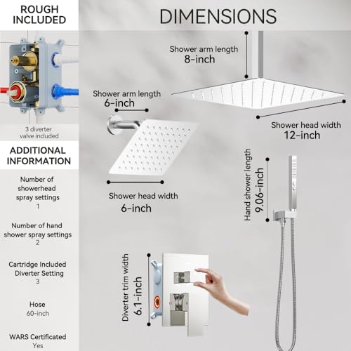 STARBATH Shower Faucet Set Shower System with Diverter Valve, Chrome | 12 Inch Ceiling Mount Rain Shower Head, 6 Inch Wall Mount Rainfall Shower Head and 2-in-1 Handheld Spray for Two Person - color: Chrome, size: 12"+6"-03