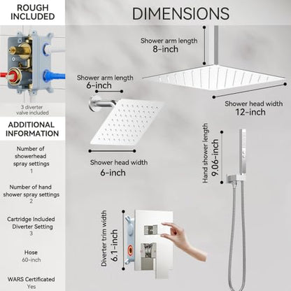 STARBATH Shower Faucet Set Shower System with Diverter Valve, Chrome | 12 Inch Ceiling Mount Rain Shower Head, 6 Inch Wall Mount Rainfall Shower Head and 2-in-1 Handheld Spray for Two Person - color: Chrome, size: 12"+6"-03