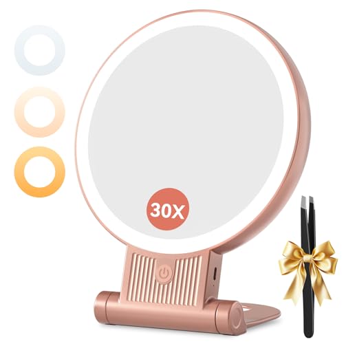 Auxmir Rechargeable 1X/30X Magnifying Makeup Mirror with Light, Rose Gold | double-sided button, adjustable 3 color lights, foldable design, desk mirror for travel women, 2000mAh battery, twezzers - color: 1x/30x Rose Gold