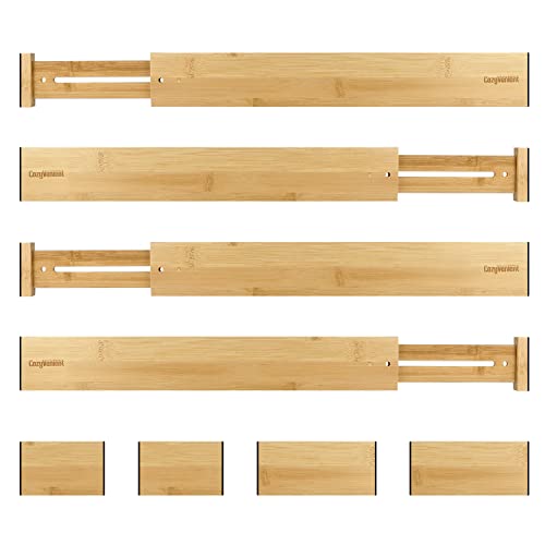 Adjustable Bamboo Drawer Dividers for Clothes, Kitchen Utensils, Office Desks, Bathroom Accessories, Socks and Underwear, and Personal Items, 4 Dividers with 4 Partitions