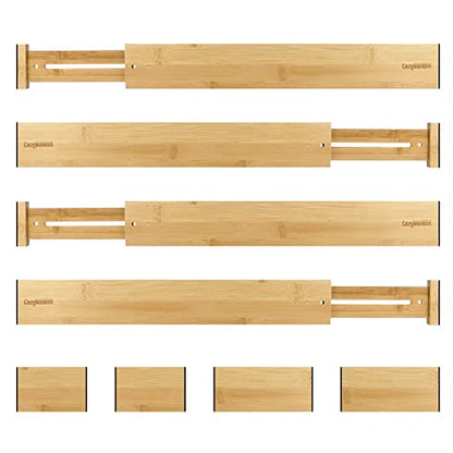 Adjustable Bamboo Drawer Dividers for Clothes, Kitchen Utensils, Office Desks, Bathroom Accessories, Socks and Underwear, and Personal Items, 4 Dividers with 4 Partitions