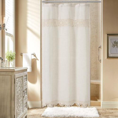 Small Stall Boho Farmhouse Shower Curtain Set with Liner, Linen Bohemian French Country Bath Curtain 36x72, Beige/Cream - color: Beige-liner Set, size: 36"W x 72"L (Pack of 1)