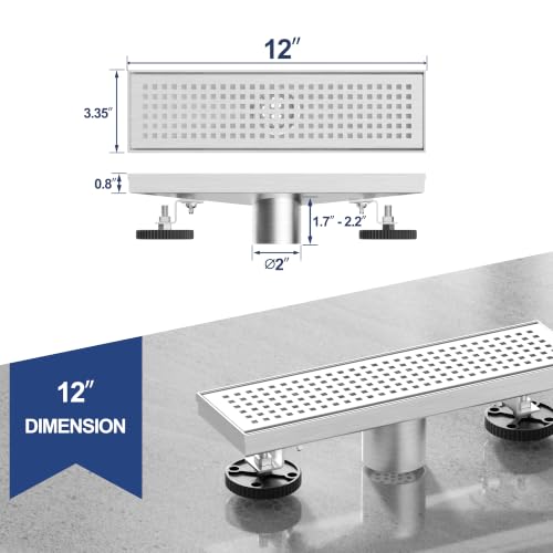 Neodrain 12" Linear Shower Drain, Brushed 304 SS Bathroom Linear Drain,cUPC | Brushed Nickel Shower Drain with Quadrato Grate& Adjustable Feet, Long Rectangle Shower Floor Drain in Bathroom, Balcony etc - color: Brushed Nickel, size: 12 In