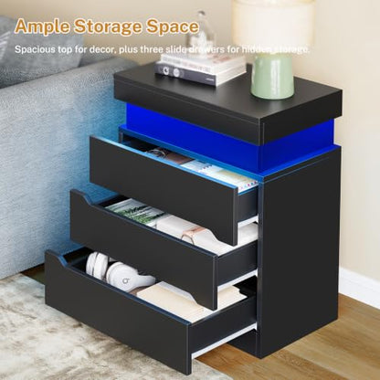 Night Stand with 3 Drawers, Nightstand with App-Controlled Adjustable LED Light, Bedside Table with Slidable Hidden Storage Space, Modern Nightstands for Bedroom,Black - color: Unbzx032hd-zf