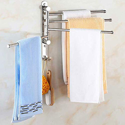 4 Rods Swivel Towel Rack, 13.8inch Stainless Steel Swing Out Towel Holder Wall Mounted Towel Holder with Hook for Kitchen, Bathroom, Outdoor