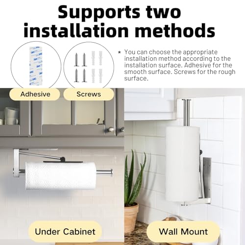 Under Cabinet Paper Towel Holder, One-Hand Tear Kitchen Paper Towel Holder | Stainless Steel Wall Mount Self Adhesive Paper Towel Rack with Tension Arm, Fits for First Apartment Essentials, Kitchen, RV - color: Sliver