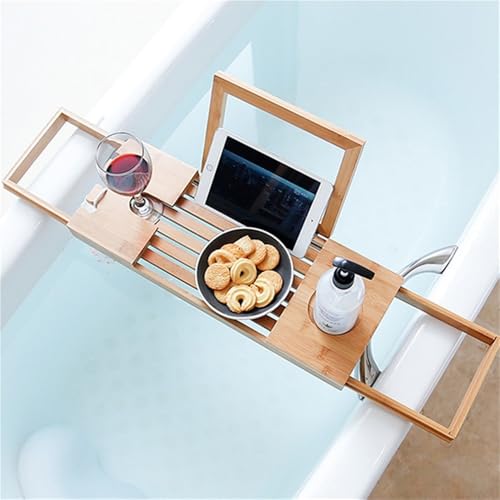 Expandable Bamboo Bathtub Tray with Book Stand, Bathtub Shelf with Wine Glass Holder and Grooves, Adjustable Bath Caddy for Tub Relaxation, Great Bath Caddy for Home Spa
