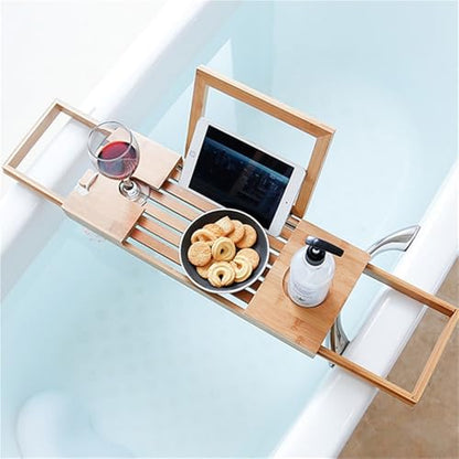 Expandable Bamboo Bathtub Tray with Book Stand, Bathtub Shelf with Wine Glass Holder and Grooves, Adjustable Bath Caddy for Tub Relaxation, Great Bath Caddy for Home Spa