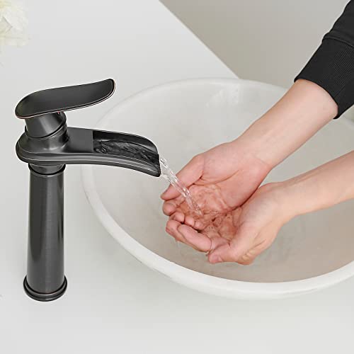 BWE Bathroom Vessel Sink Faucet Waterfall Spout Single Handle One Hole | Oil Rubbed Bronze Tall Vessel Lavatory Vanity Bathroom Faucet with Pop Up Drain and Supply Hose,Solid Brass,Deck Mount - color: Oil Rubbed Bronze, size: 11.81 inch Vessel Version