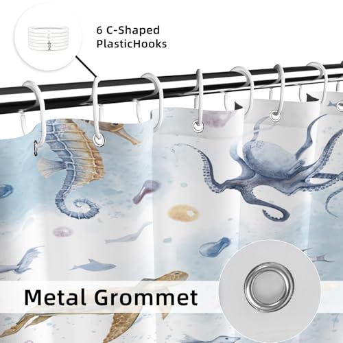 Yeele Ocean Creatures Watercolor Shower Curtain, Turtle Octopus Blue Print Shower Curtain, Waterproof Machine Washable Fabric Bath Curtain 36x72 Inch with Grommets and Hooks - color: Blue 1, size: 36"W x 72"L (Pack of 1)