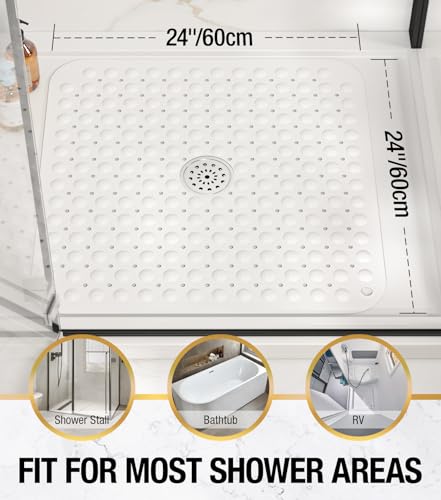 HITSLAM Square Shower Mat, Non Slip PVC Stall Mat, 24"x24", White | Power Grip Suction Cups, Center Drain Hole, Built-In Hanging Holes, Machine Washable Bathroom Floor Mat, Soft On Feet - color: Pure White