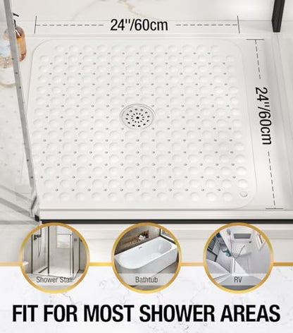 HITSLAM Square Shower Mat, Non Slip PVC Stall Mat, 24"x24", White | Power Grip Suction Cups, Center Drain Hole, Built-In Hanging Holes, Machine Washable Bathroom Floor Mat, Soft On Feet - color: Pure White
