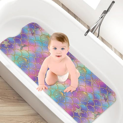 Mermaid Seashell Starfish Bathtub Shower Mat Ocean Rainbow Non-Slip Tub Extra Long Bath Floor 40X16 Inch Machine Washable for Bathroom Tub Bath Mat for Toddler and Baby - color: Mermaid Scales