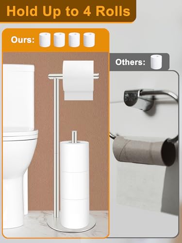 Toilet Paper Holder Stand, Rustproof Modern Free Standing Bathroom Tissue Holder Storage for 4 Rolls, Stainless Steel Anti-Slip Base with Reserve, Brushed Nickel, YOFOVI