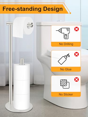 Toilet Paper Holder Stand, Rustproof Modern Free Standing Bathroom Tissue Holder Storage for 4 Rolls, Stainless Steel Anti-Slip Base with Reserve, Brushed Nickel, YOFOVI