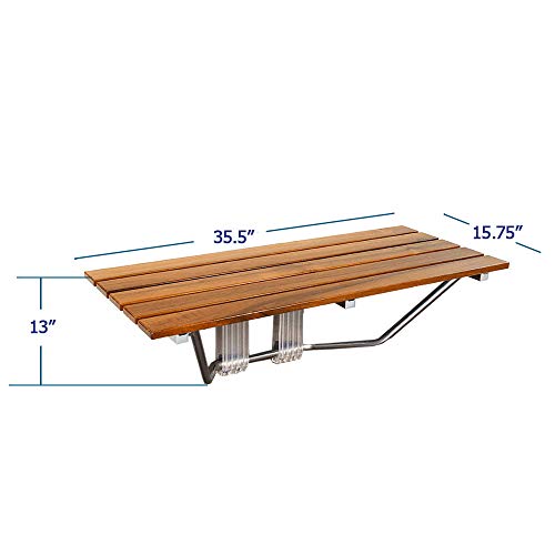 36" Foldable Teak Wood Shower Seat Bench, 400 lb Capacity, (Seating Size: 35.5" W x 15.75" D), Clear-Coated for Extra Protection, Wall Mount Folding Bathroom Stool Chair, Modern Chrome
