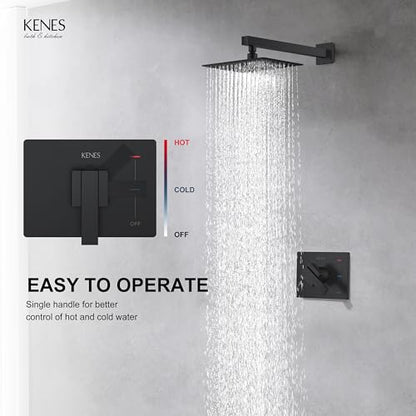 KENES Matte Black Shower Faucet with 10-Inch Shower Head and Handle Set, Square Shower Faucet Set Bathroom Rainfall Shower System Wall Mount, KE-6024B-2 (Shower Valve Included) - color: Matte Black, style: Shower Faucet Set