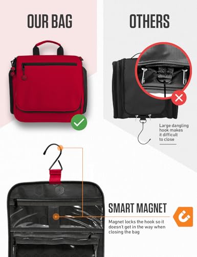 VENTURE 4TH Hanging Travel Toiletry Bag, 18 Compartments - Red | Hangs on rails, hooks or doors; stands upright. Removable TSA pouch. Water-resistant Nylon 290D Twill, reinforced stitching. - color: Red