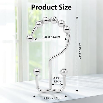 Resze 12PCS Shower Curtain Hooks, Metal Double Shower Curtain Rings, Chrome | Glide Roller Shower Hooks, Rust-Resistant Anti-Drop Shower Rings, Smooth Sliding Hooks for Bathroom Shower Rods Curtains - color: Chrome