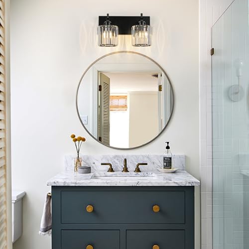 Black Crystal Bathroom Vanity Lights, Modern 2-Lights Bathroom Lighting Fixtures Over Mirror, Crystal Wall Lighting with Round Shade - color: Black-Round Shade, size: 2-Light