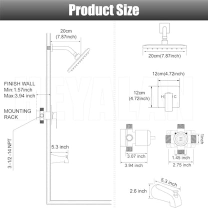 Heyalan 8-Inch Shower Faucet Set with Tub Spout and Valve,Brushed Nickel | 8-inch square rainfall head, tub spout with diverter, male-thread rough-in valve, single-handle control and wall-mount design - color: Brushed Nickel, size: 8 Inch Square Shower He