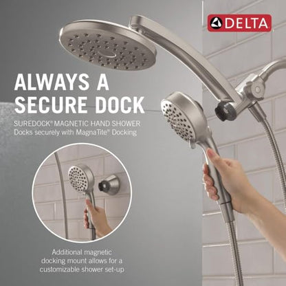 Delta 6-Setting PivotPro 3-in-1 Combination Shower Head with ProClean Spray, Brushed Nickel Round Shower Head Rainfall with Handheld Spray, 1.75 GPM, SpotShield Brushed Nickel 75649SN - color: Spotshield Brushed Nickel