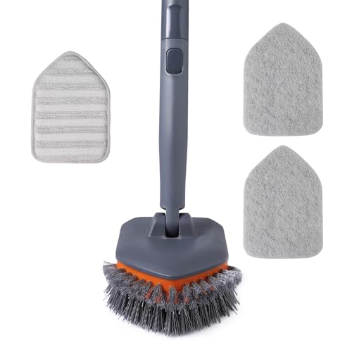 CLEANHOME Tub Tile Scrubber Brush for Cleaning Shower Tile Floor,Bathtub | 3 Different Function Cleaning Pads,56" Extendable Long Handle,No Scratch - color: Orange