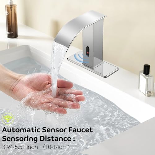 Automatic Motion Sensor Faucet with Waterfall Spout,Stainless Steel Sink Faucet with Hole Cover Plate (Regular, Chrome) - color: Chrome, size: Regular Waterfall
