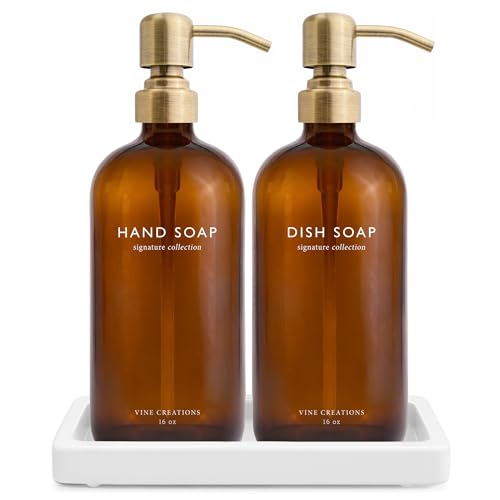 Vine Creations Amber Glass Soap Dispenser Set, Kitchen Soap Dispenser Set with Ceramic Tray, 16 oz Dish Soap and Hand Soap Dispensers with Stainless Steel Pump Decor (Amber Bottle/Brushed Brass) - color: Amber Bottle / Brushed Brass Pump