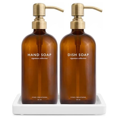 Vine Creations Amber Glass Soap Dispenser Set, Kitchen Soap Dispenser Set with Ceramic Tray, 16 oz Dish Soap and Hand Soap Dispensers with Stainless Steel Pump Decor (Amber Bottle/Brushed Brass) - color: Amber Bottle / Brushed Brass Pump