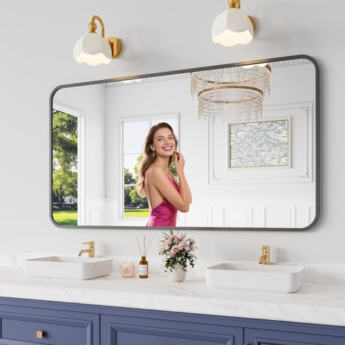 Koonmi Bathroom Mirror, 30X55 Inch Black Metal Framed Mirror for Bathroom, Tempered Glass, Anti-Rust, Rounded Rectangle Mirror for Restroom, Bedroom, Black - color: Rounded Edged, size: 55"L x 30"W