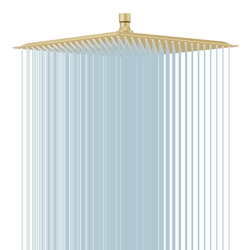 16 In Rain Shower Head High Pressure Rainfall Shower Head Brushed Gold | Square Rain Bathroom Showerhead, High Flow, Large Stainless Steel, Ceiling Mounted, Wall Mounted, Waterfall Full Body - color: Brushed Gold, size: 16 Inch