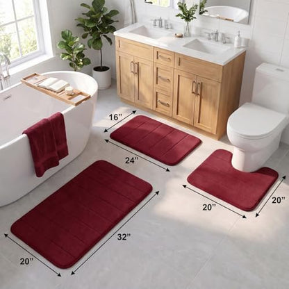 Bathroom Rugs Set 3 Piece, Memory Foam Bath Rugs, Non Slip Washable Bathroom Rug Set, Extra Soft Absorbent Bath Mats with U-Shaped Toilet Rug, Burgundy - color: Burgundy