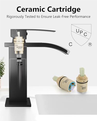 Matte Black Waterfall Bathroom Faucet 1-Handle Vanity Faucet | Stainless Steel Modern Bathroom Sink Faucet,Pop-Up Drain, Supply Lines 6-in Deck Plate, 1- or 3-Hole, NSF Certified - color: Black