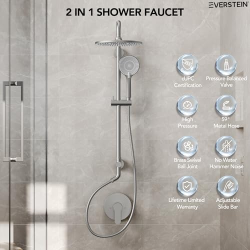 10 Inch High Pressure Rainfall Shower System with Slide Bar, Wall Mount Bathroom Round Shower Faucet Set with Valve, Brushed Nickel - color: Brushed Nickel