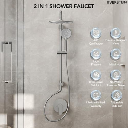 10 Inch High Pressure Rainfall Shower System with Slide Bar, Wall Mount Bathroom Round Shower Faucet Set with Valve, Brushed Nickel - color: Brushed Nickel