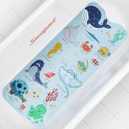 Secopad Bathtub Mat Non Slip, Cute Tub Mat, 40" x 16", Blue Sea Animals | Rectangular, Anti-Slip, Machine Washable, with Drain Holes and Suction Cups,For Bathtub and Shower Floor, for Toddler & Kids - color: Blue Sea Animals