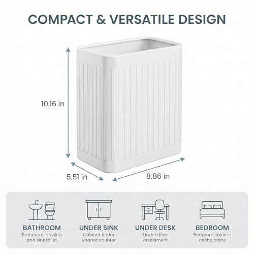 TrashAid Small Bathroom Trash Can, 2.1 Gallons, Slim Wastebasket, White | Quick Toss Open Top, Stainless Steel Garbage Can, Hand-Safe Rolled Edges, Metal Trash Bin for Office/Bedroom/Under Sink/RV