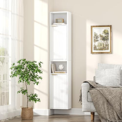 AKMAKM 59.1" Tall Slim Bathroom Storage Cabinet White | Freestanding or Wall Mounted Modular Cabinet, Fluted Panel Linen Tower with Adjustable Shelves for Small Spaces - color: White