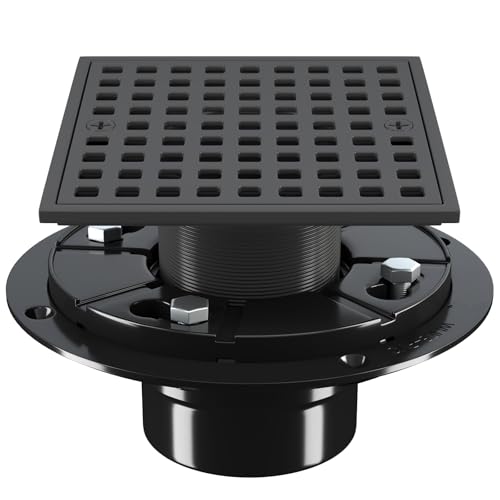 4 Inch Square Shower Floor Drain with Flange and Hair Strainer | SUS304 Stainless Steel, Anti-Clog, Matte Black Shower Drain with Hair Catcher, Removable Grid Drain Cover, For Bathroom - color: Matte Black